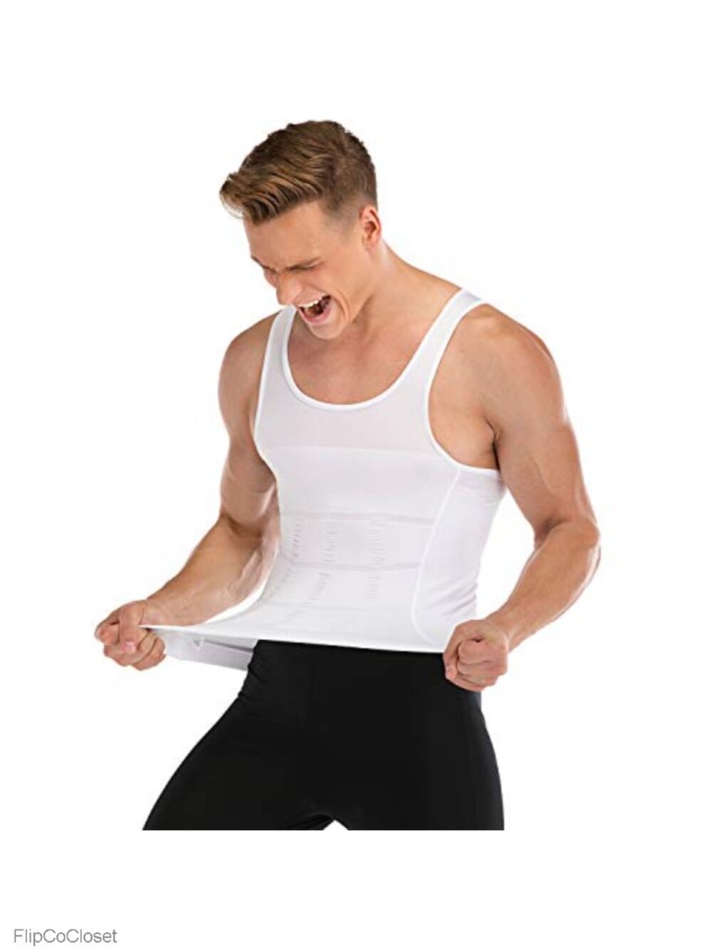 Mens Compression Tank Top Slimming Body Shaper Vest Nylon Spandex X-Shape Back